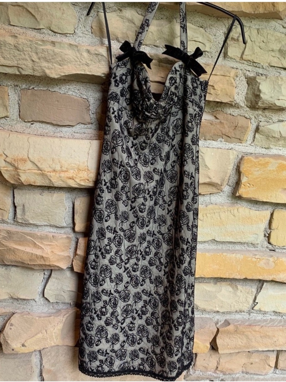 Vintage Betsey Johnson Midi Halter Dress with Black Velvet Bow & Roses